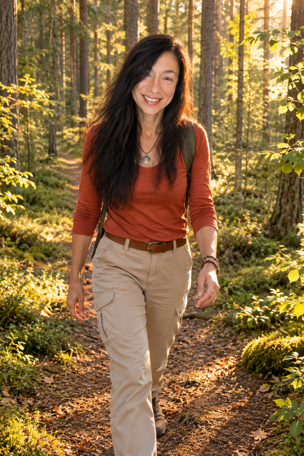A smiling woman with long dark hair walking on a sunlit forest trail, wearing a rust orange top and khaki trousers